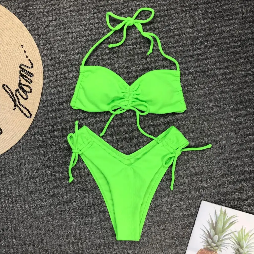 

Neon Lime Triangle Top With Tanga Bottoms Bikinis Set Women Green Bright Summer Spaghetti Strap Padded Swimwear 2019