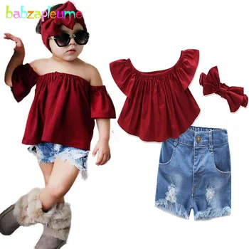 

3Piece/1-6Years/Summer Baby Girls Suits Children Clothes Set Fashion T-shirt+Denim Shorts+Headband Boutique Kids Clothing BC1233