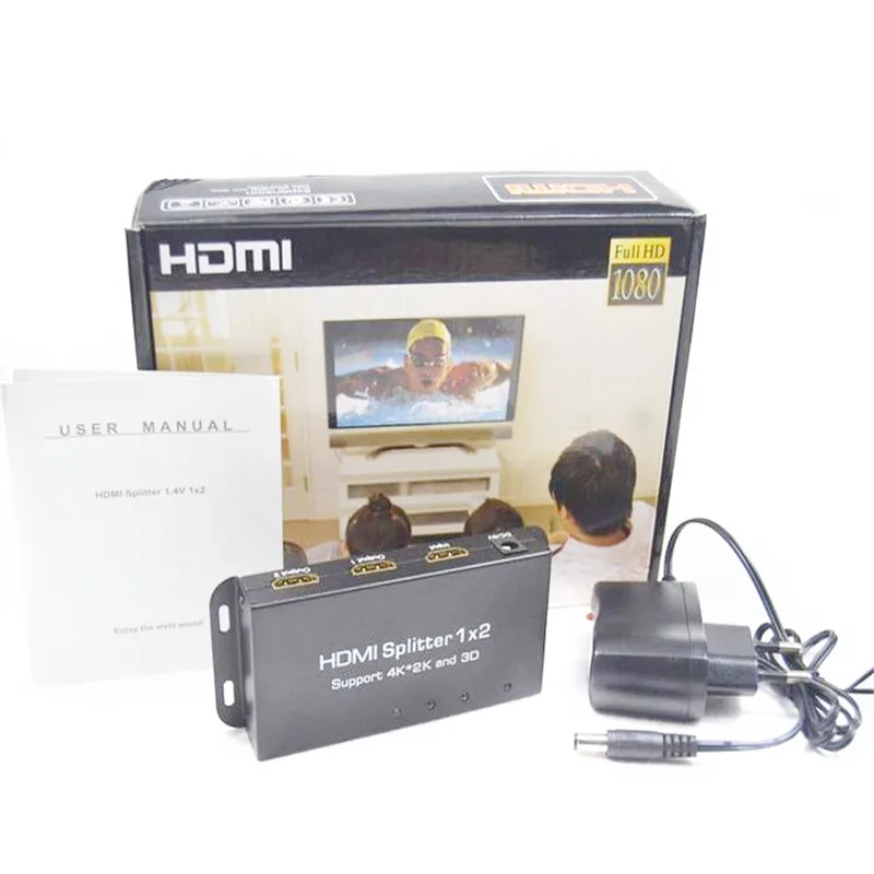 

New Style!!! Full HD 1x2 Port HDMI Splitter 1 IN 2 OUT 3D 4K x 2K HDMI 1.4v with power adapter free shipping