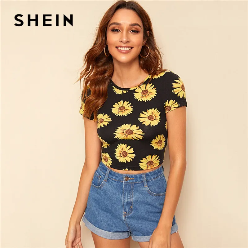 Кроп футболка SHEIN с принтом подсолнуха женская одежда летняя облегающая круглым
