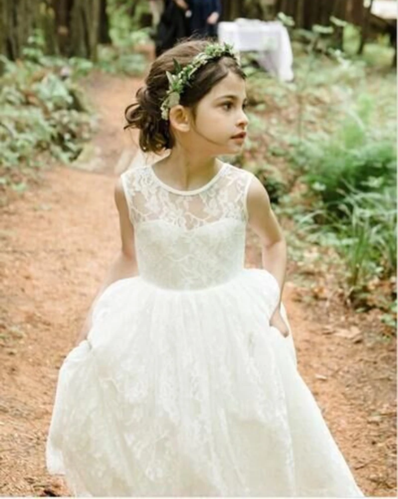 2020 Lace Flower Girl Dresses White/Ivory O Neck Holy First Communion Dress Little Girls Kids/Children for Wedding | Свадьбы и