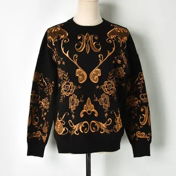 Luxury Brand Gold Thread Floral Embroidery Women Sweater Pullovers Ladies Runway Designer Knit Jumper Clothes Autumn Winter 2018
Luxury Brand Gold Thread Floral Embroidery Women Sweater Pullovers Ladies Runway Designer Knit Jumper Clothes Autumn Winter 2018