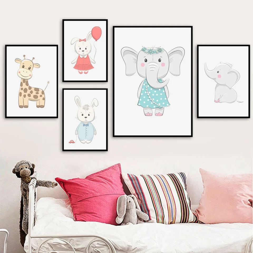 Beb-elefante-jirafa-conejo-pared-arte-lienzo-pintura-cartel-n-rdico-e-impresiones-dibujos-animados-animales