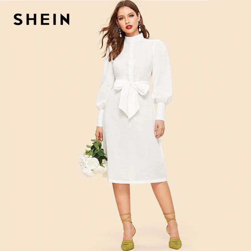 

SHEIN Bishop Sleeve Half Placket Belted Stand Collar White Dress Women Vintage Spring Lantern Sleeve Knee Length Dresses