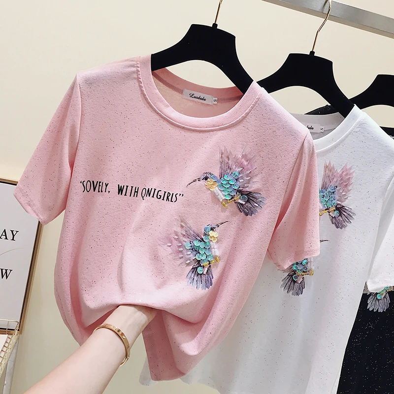 New Sequins Short Sleeves Ice-silk Knitted T-shirts for Women Summer 2019 Fashion Birds Tees Girls Students Basic Tops Shirts
New Sequins Short Sleeves Ice-silk Knitted T-shirts for Women Summer 2019 Fashion Birds Tees Girls Students Basic Tops Shirts