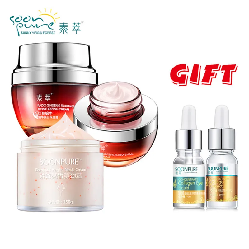 Buy 3 get 1 gift SOONPURE Red Ginseng Snail Cream+Eye Cream+Neck Cream+Concentrated Collagen+Hyaluronic Acid Eye Serum
Buy 3 get 1 gift SOONPURE Red Ginseng Snail Cream+Eye Cream+Neck Cream+Concentrated Collagen+Hyaluronic Acid Eye Serum