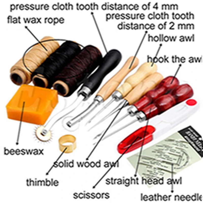 Image 14 Pcs Wood Awl Waxed Thimble Needle Scissor Sewing Leather Craft Tools Kit Leathercraft Accessories For Personalizing