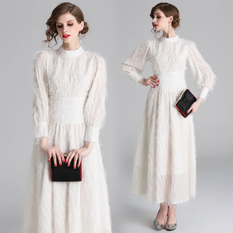 Fashion Women Luxury Designer Feathers Tassels Lantern Sleeve Stand Collar Holiday Casual White Long Party Dress Maxi Dresses
Fashion Women Luxury Designer Feathers Tassels Lantern Sleeve Stand Collar Holiday Casual White Long Party Dress Maxi Dresses
