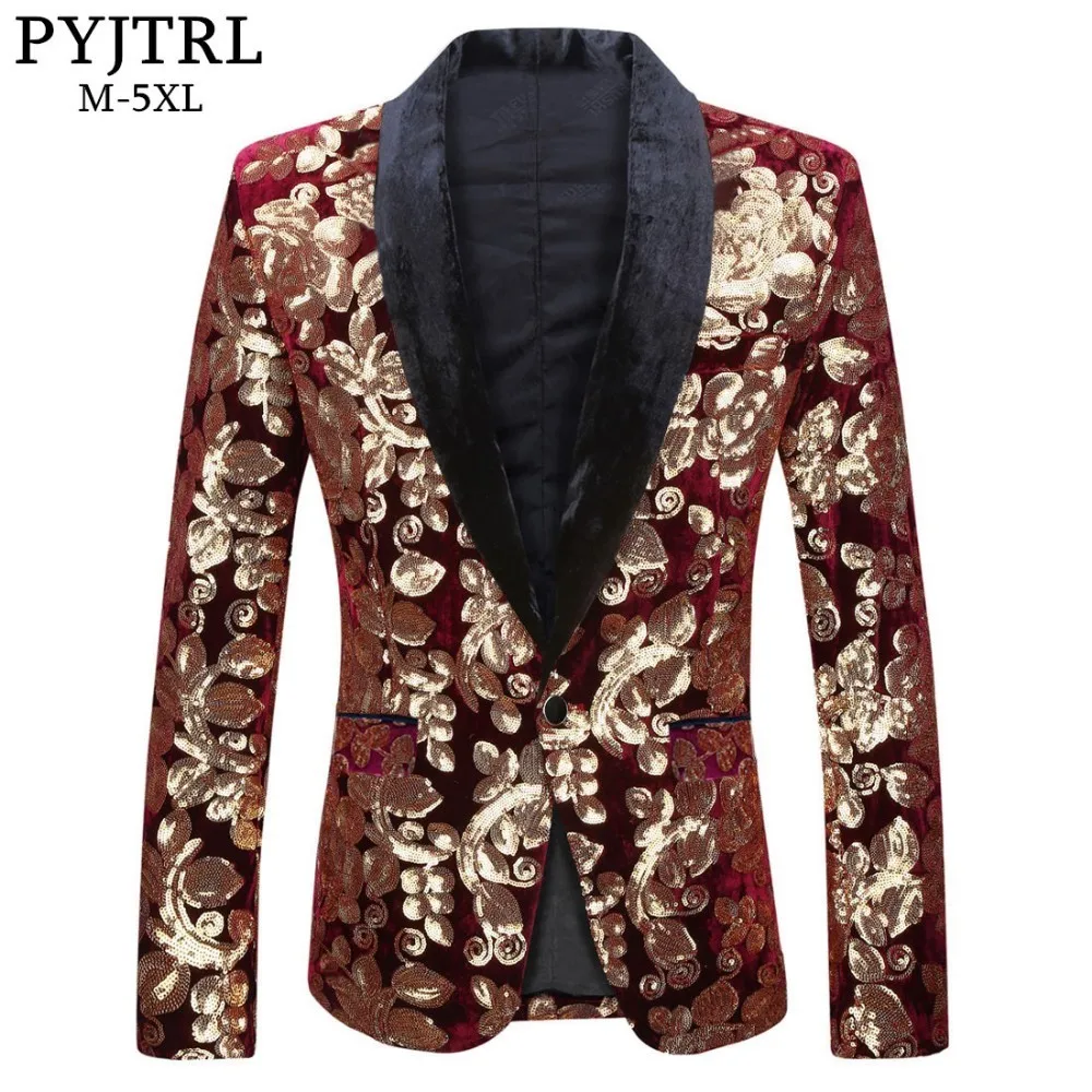 PYJTRL Male Fashion Shawl Lapel Wine Red Velvet Gold Flowers Sequins Blazer Plus Size 5XL Stage Clothes For Singers Suit Jacket
PYJTRL Male Fashion Shawl Lapel Wine Red Velvet Gold Flowers Sequins Blazer Plus Size 5XL Stage Clothes For Singers Suit Jacket