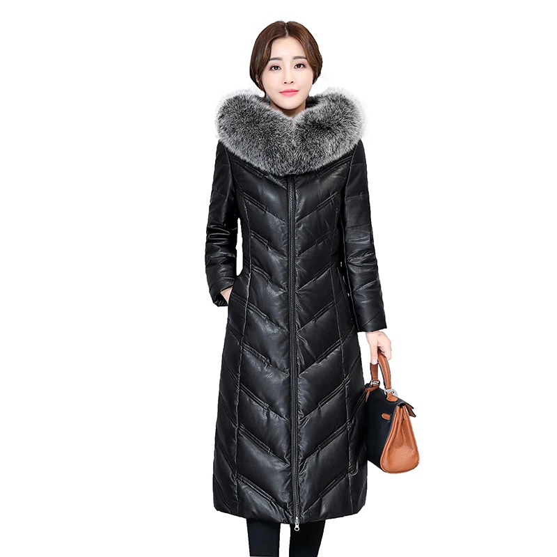 Фото Женское пальто с меховым воротником из натуральной кожи | Женская одежда