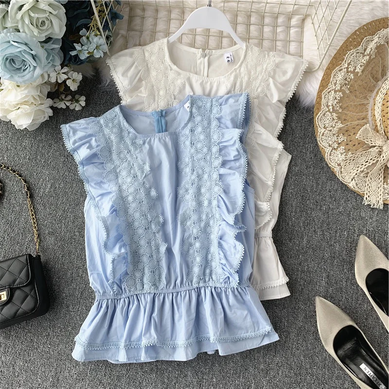 2019 Summer New Women's Water-soluble Embroidery Lace Splice Ruffle Sleeveless Shirt Lady Blouse Tops H112
2019 Summer New Women's Water-soluble Embroidery Lace Splice Ruffle Sleeveless Shirt Lady Blouse Tops H112