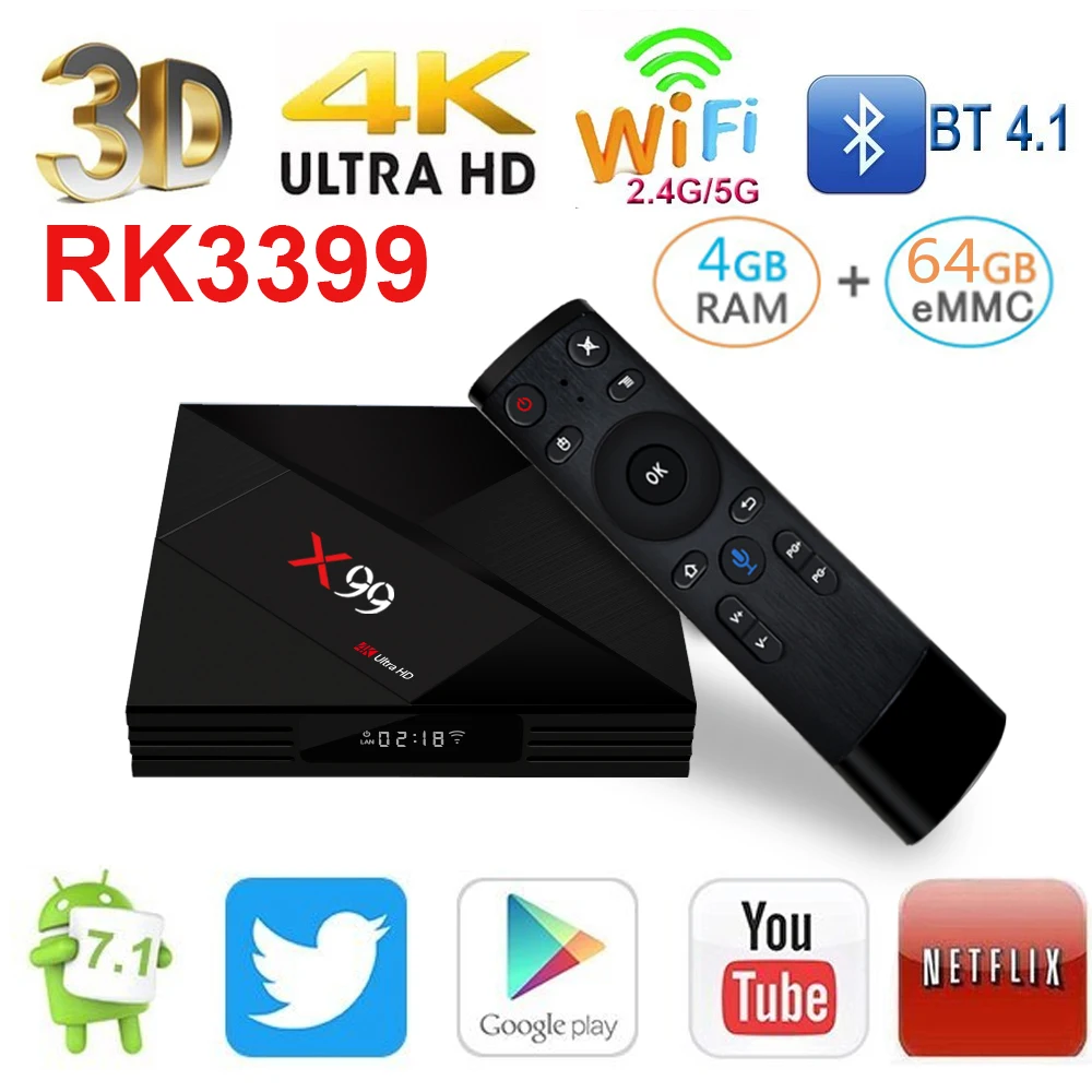 

Fuloophi 2019 Latest X99 Android 7.1 TV BOX RK3399 4GB RAM 32GB ROM With Voice remote 5G WiFi Super 4K OTT Smart Set TOP BOX