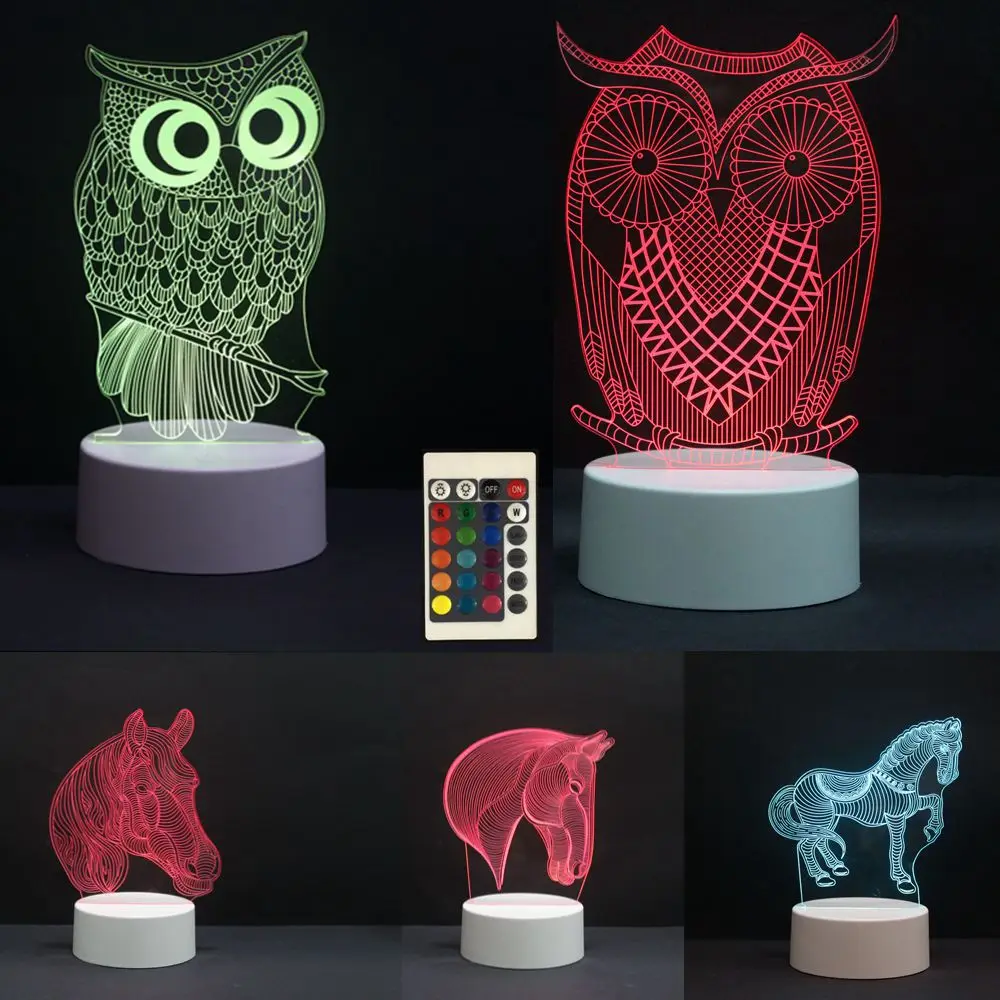 3D LED Night Lights Owl Horse 7 Colors Change Hologram Atmosphere Novelty Table Lamp for Home Decoration Visual Illusion Gift
3D LED Night Lights Owl Horse 7 Colors Change Hologram Atmosphere Novelty Table Lamp for Home Decoration Visual Illusion Gift