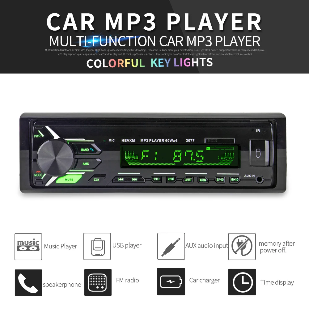

12V 1 DIN In-Dash Bluetooth 7 Color Light Car Stereo FM Radio MP3 Audio Player Hands-free Calls Aux SD USB MP3 MMC Car Radios