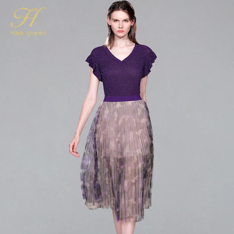 H Han Queen Women Casual 2-piece Suits Summer New V-neck Ruffles Knitted Stretch Blouses And Mesh Patchwork A-line Skirt OL Set
H Han Queen Women Casual 2-piece Suits Summer New V-neck Ruffles Knitted Stretch Blouses And Mesh Patchwork A-line Skirt OL Set
