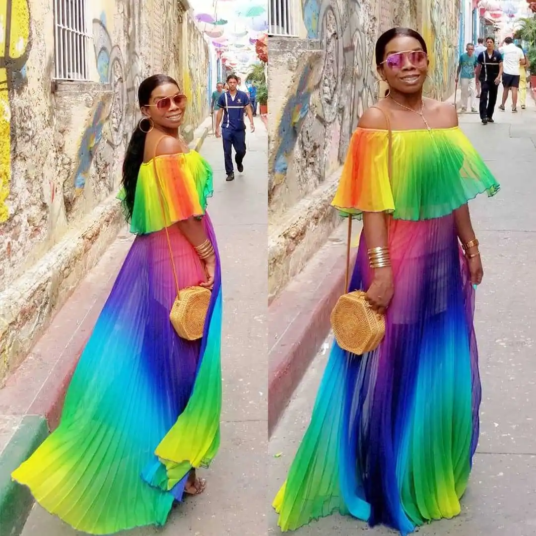 Off Shoulder Rainbow Color Elegant Women Dress Chiffon Summer Maxi Dress  A-line Floor Length Femme Pleated Dress 2019 Vestidos