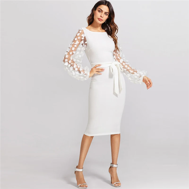white Mesh Long Sleeve Bodycon Midi Dress With Belt 