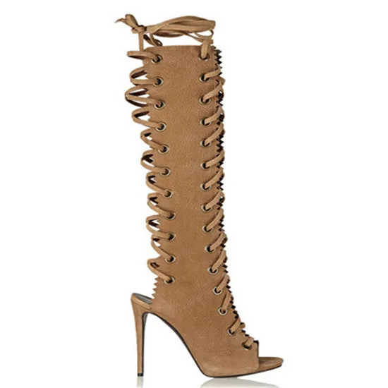 New Open Toe Cut Outs Women Boots Shoes Woman Lace Up Knee High Boots Gladiator Women Sandals Boots High Heels Shoes Botas Mujer (6)