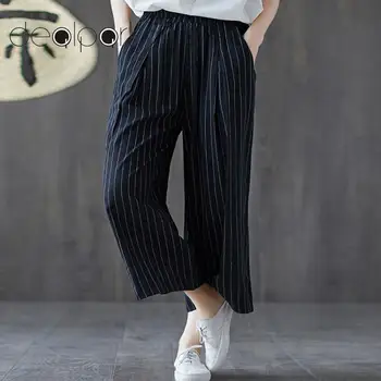 Vintage Striped Print Trousers Women Wide Legs Pants Elastic Waist Pocketed Cotton Linen Loose Straight Summer Trousers female
Vintage Striped Print Trousers Women Wide Legs Pants Elastic Waist Pocketed Cotton Linen Loose Straight Summer Trousers female