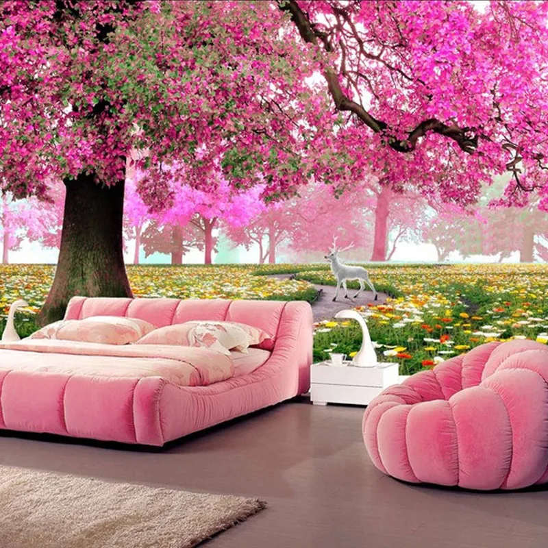 

Custom Any Size 3D Romantic Pink Woods Mural Home Decor Wall Paper Roll Bedroom Living Room Sofa Background Wall Covering Murals