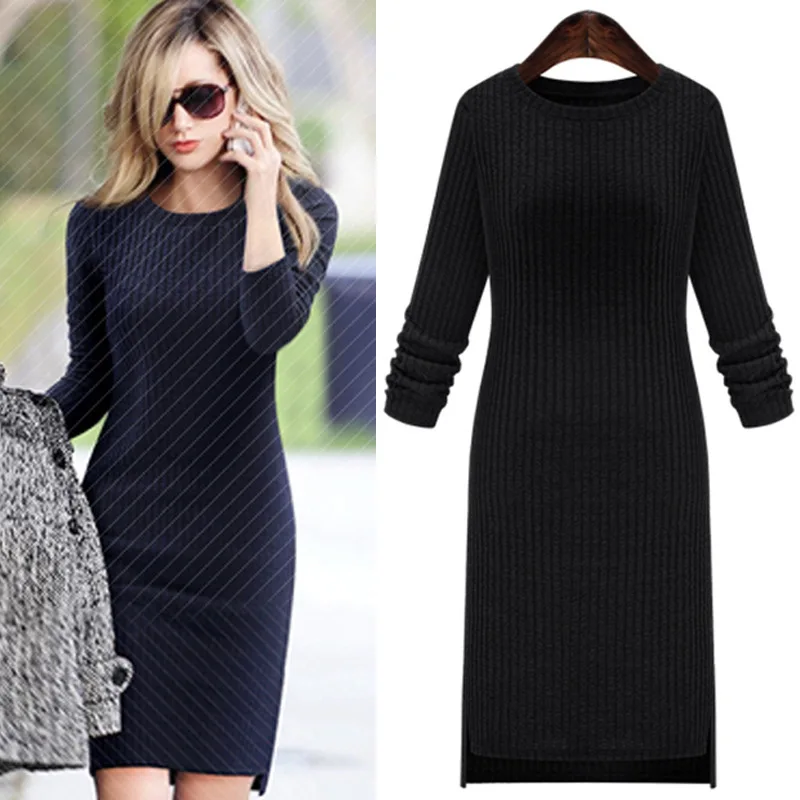 Fall knit plus size women dresses new Europe and America asymmetric round neck long sleeve bandage dress Woman 2016
Fall knit plus size women dresses new Europe and America asymmetric round neck long sleeve bandage dress Woman 2016