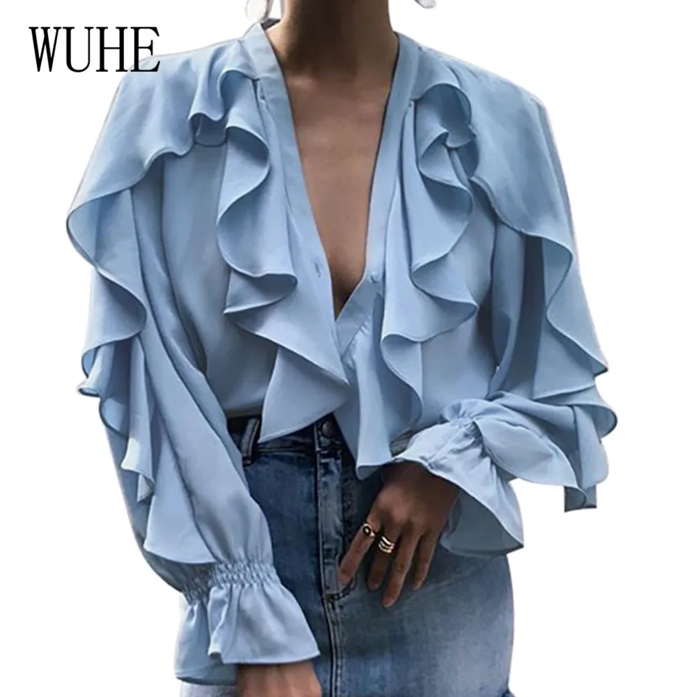 WUHE Autumn Women's Temperament Ladies Ruffled Tops Sexy V Neck Trumpet Sleeves T-shirt Female Casual Office Roupas Feminina
WUHE Autumn Women's Temperament Ladies Ruffled Tops Sexy V Neck Trumpet Sleeves T-shirt Female Casual Office Roupas Feminina