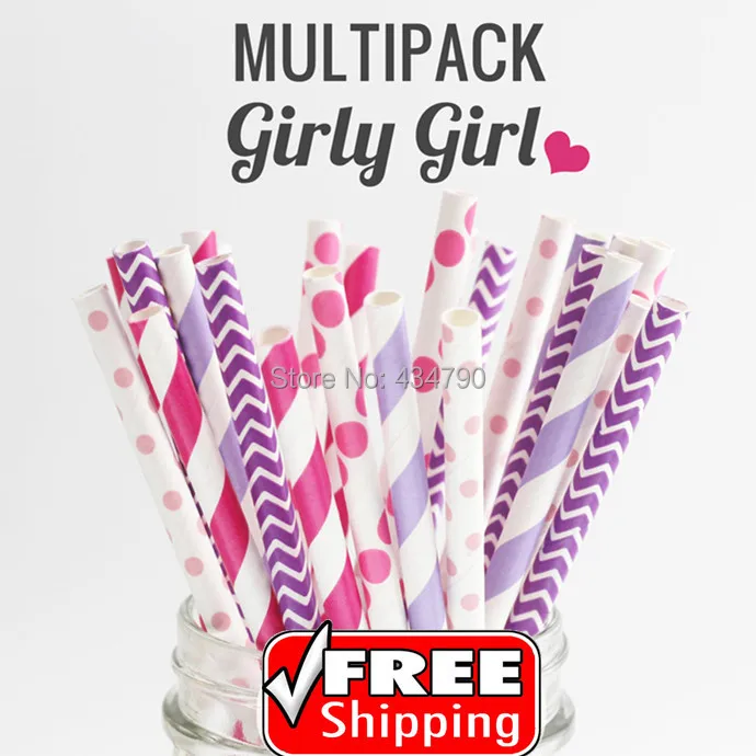 

250pcs Mixed 5 Designs GIRLY GIRL Paper Drinking Straws,Baby,Hot,Deep Pink,Lilac,Deep Purple Striped,Polka Dot,Swiss Dot,Chevron