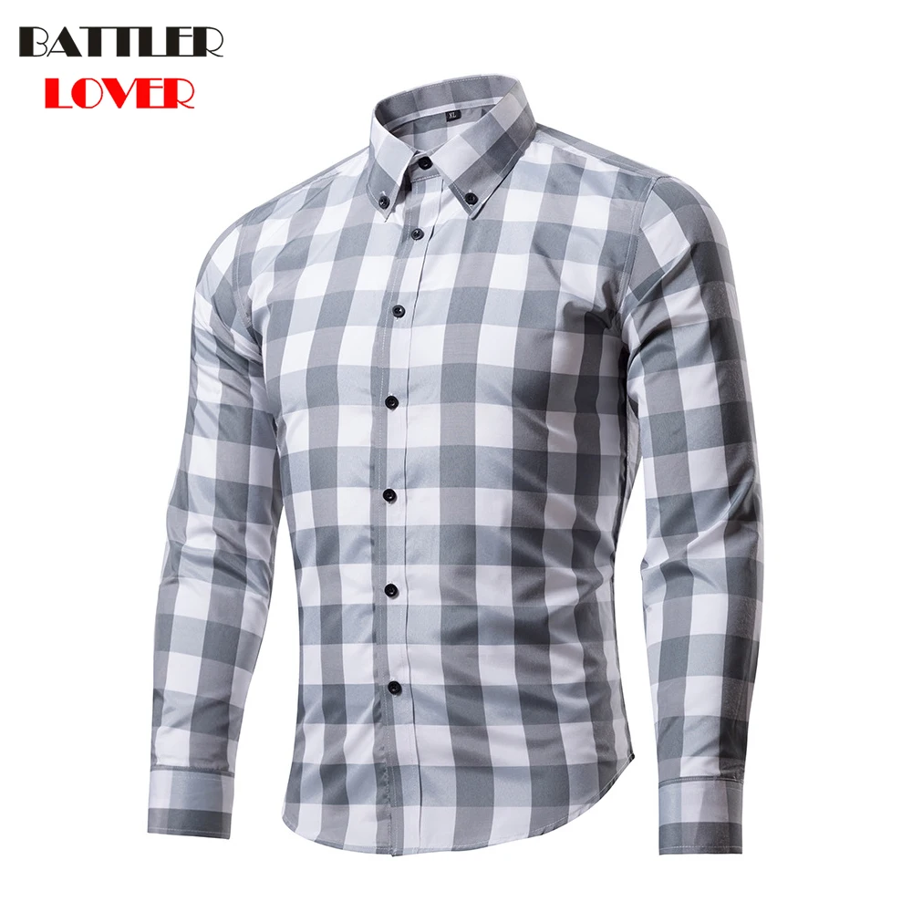 BATTLERLOVER Men Shirt Slim Fit Plaid Shirt Chemise Homme Long Sleeve Casual Grid Shirt Camisas Hombre Mens Brand Dress Shirts