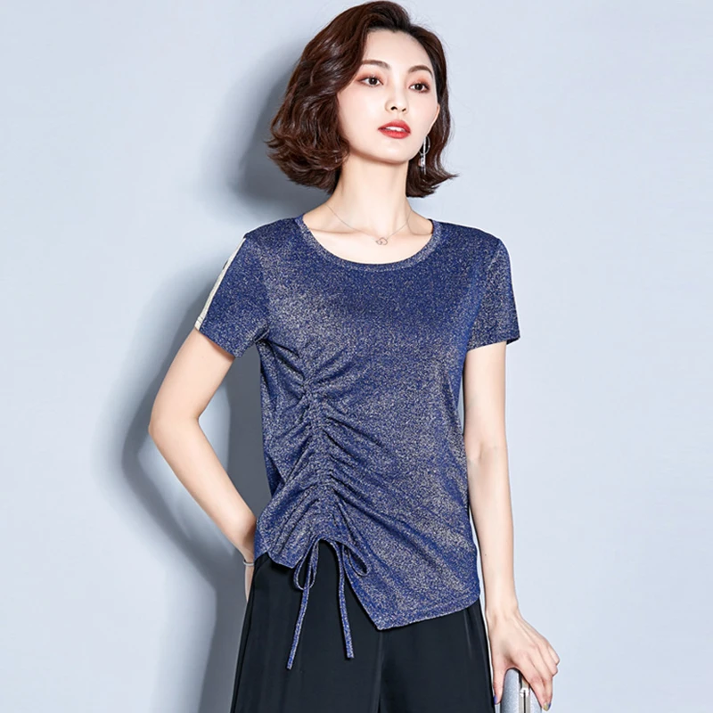 Shiny Lurex T Shirt Women Cotton Summer Drawstring T-Shirt Casual Tops Tee Women Short Sleeve Female White Black Red Tees
Shiny Lurex T Shirt Women Cotton Summer Drawstring T-Shirt Casual Tops Tee Women Short Sleeve Female White Black Red Tees