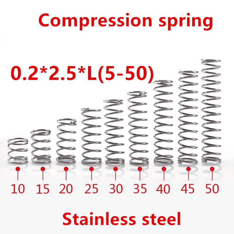 50pcs/lot 0.2*2.5*5/10/15/20/25/30/35/40/45/50mm spring 0.2mm stainless steel Micro small Compression spring
50pcs/lot 0.2*2.5*5/10/15/20/25/30/35/40/45/50mm spring 0.2mm stainless steel Micro small Compression spring