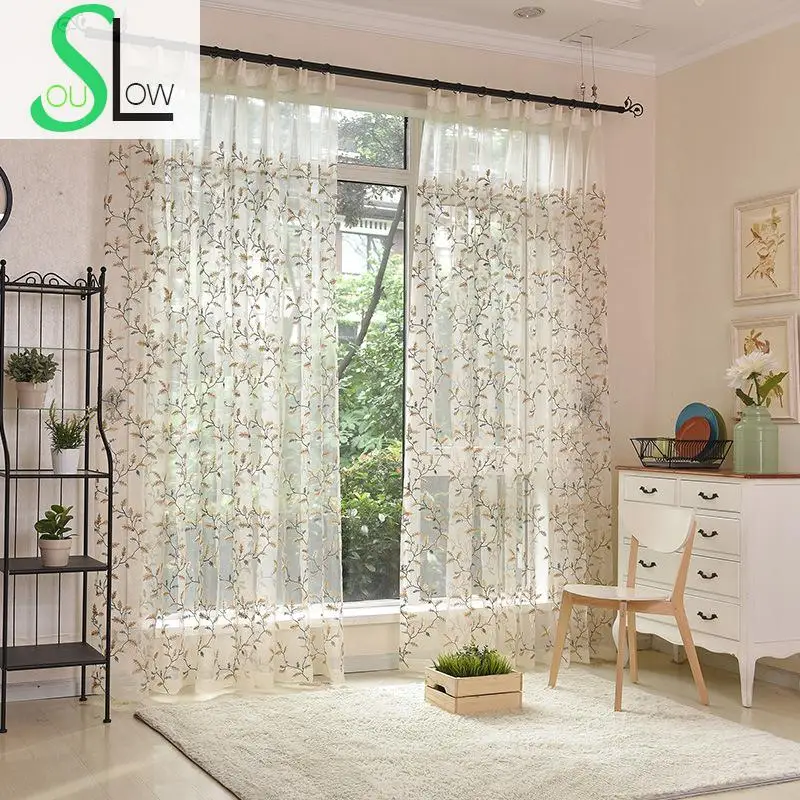 Image Slow Soul Green Blue American Country Pure Color High Grade  Embroidered Leaves Curtains Tulle For Living Room Kitchen Bedroom