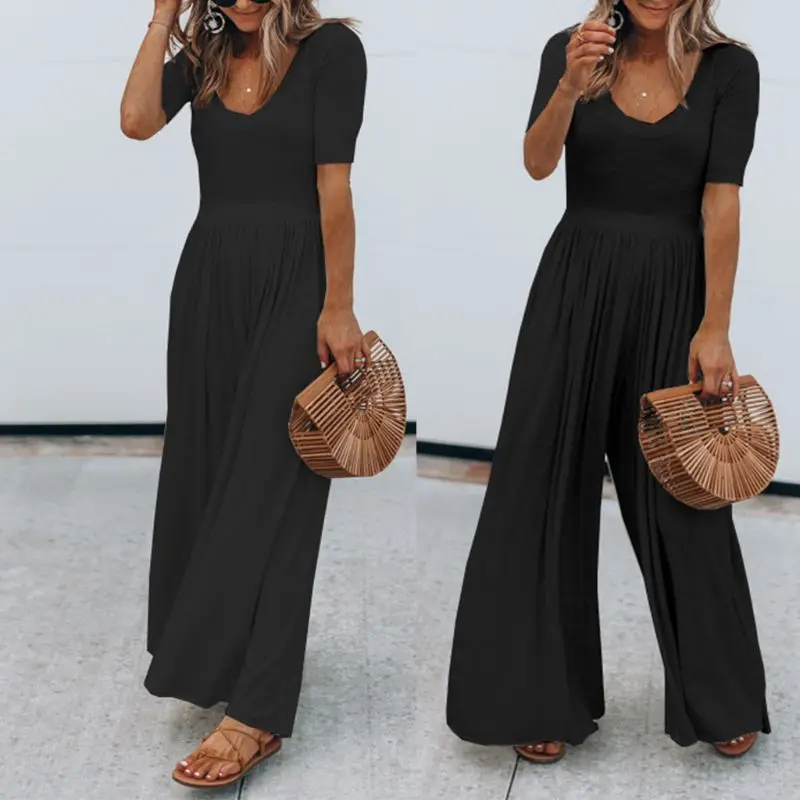 2019 Women Vintage Short Sleeve Jumpsuit Summer O Neck Long Wide Leg Solid Overall Jumpsuits Romper
2019 Women Vintage Short Sleeve Jumpsuit Summer O Neck Long Wide Leg Solid Overall Jumpsuits Romper