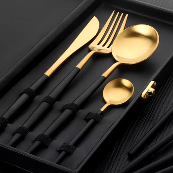 Luxury Camping Gold Cutlery Set Stainless Steel Dinnerware With Gift Box Black Handle Knife Fork Teaspoon For Christmas Gift
Luxury Camping Gold Cutlery Set Stainless Steel Dinnerware With Gift Box Black Handle Knife Fork Teaspoon For Christmas Gift