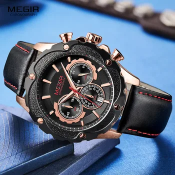 

2019 Megir Men's Leather Strap Chronograph Quartz Casual Watches Fashion 24-hours Indicator Sports Wristwatch for Man Boys Watch