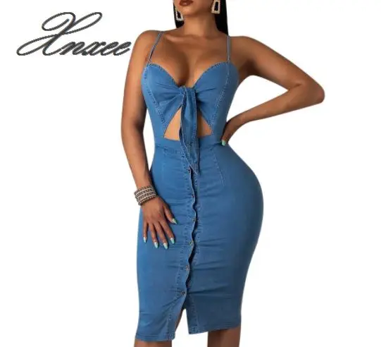 Xnxee European and American solid color straps with exposed navel denim dress
Xnxee European and American solid color straps with exposed navel denim dress