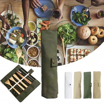 7PCS Set Wooden Flatware Cutlery Set Bamboo Straw Dinnerware Set With Cloth Bag Knives Fork Spoon Chopsticks Travel Kitchen