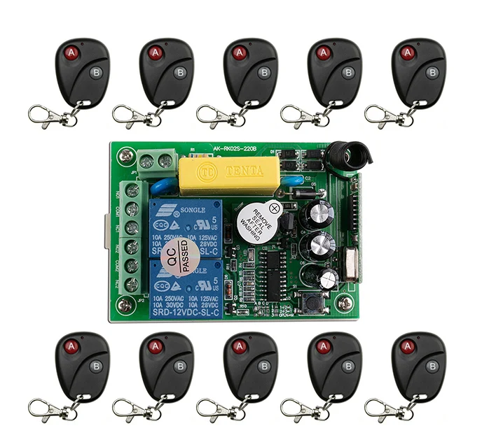 AC220V 2CH 2Channe Wireless Remote Control Switch System teleswitch 1*Receiver + 10*Transmitters for Appliances Gate Garage Door
AC220V 2CH 2Channe Wireless Remote Control Switch System teleswitch 1*Receiver + 10*Transmitters for Appliances Gate Garage Door