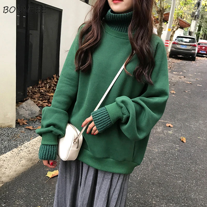 Hoodies Women Simple All-match Elegant Korean Style Turtleneck Pullover Ladies Warm Patchwork Womens Plus Velvet Sweatshirts New
Hoodies Women Simple All-match Elegant Korean Style Turtleneck Pullover Ladies Warm Patchwork Womens Plus Velvet Sweatshirts New