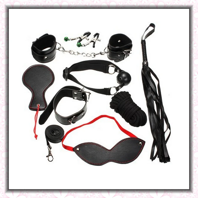 

Handcuffs leather fetish Sex erotic toys for Couples women bondage restraint Set: Hand cuffs Whip Collar Nipple Clamps Gag