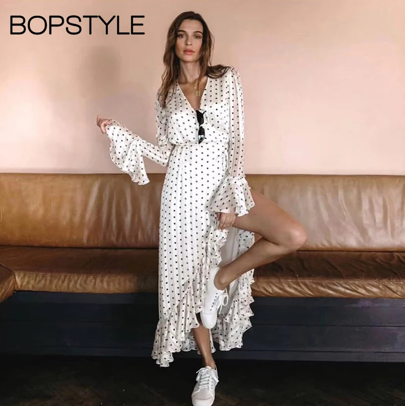 Ladies Deep V Neck Polka Dot Print Karina Cocktail Wrap Asymmetric Long Dress With Ruffle Trim & Metallic Thread Detail
Ladies Deep V Neck Polka Dot Print Karina Cocktail Wrap Asymmetric Long Dress With Ruffle Trim & Metallic Thread Detail