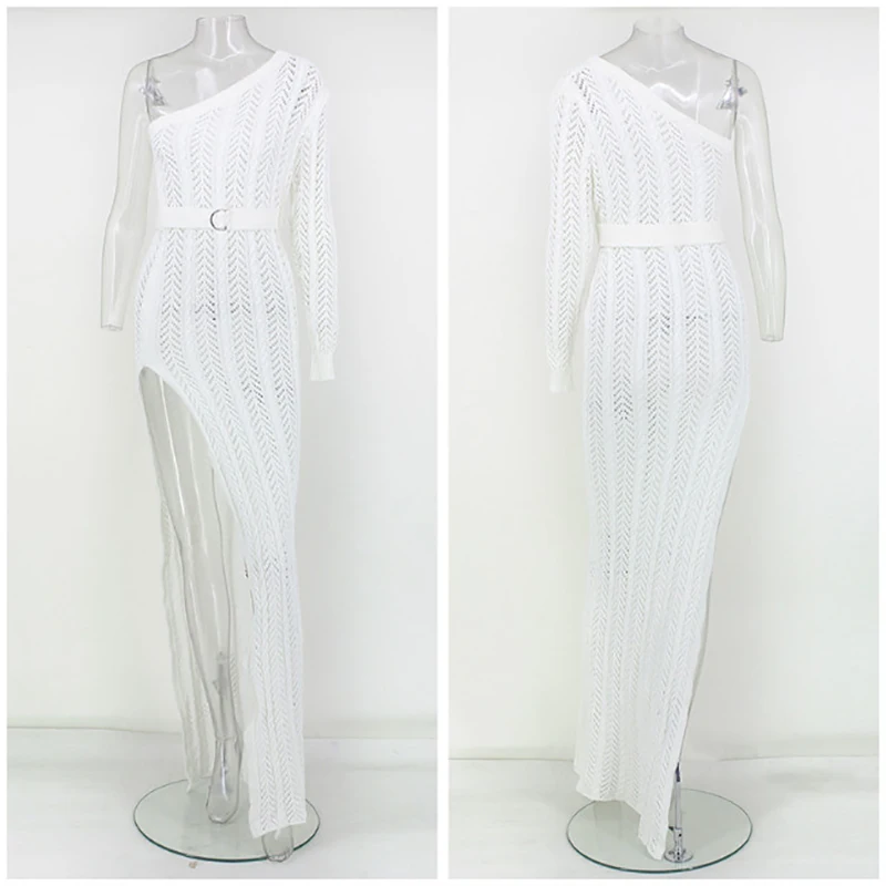 white One Shoulder Long Sleeve High Split Sweater Dress