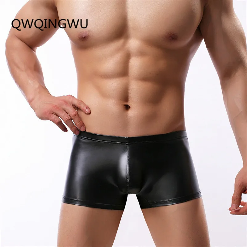 

Sexy Gay Men Boxer Boxershorts Mens PU leather U Convex Pouch Underpants Fashion Male Panties Underwear Classical Plaid Shorts