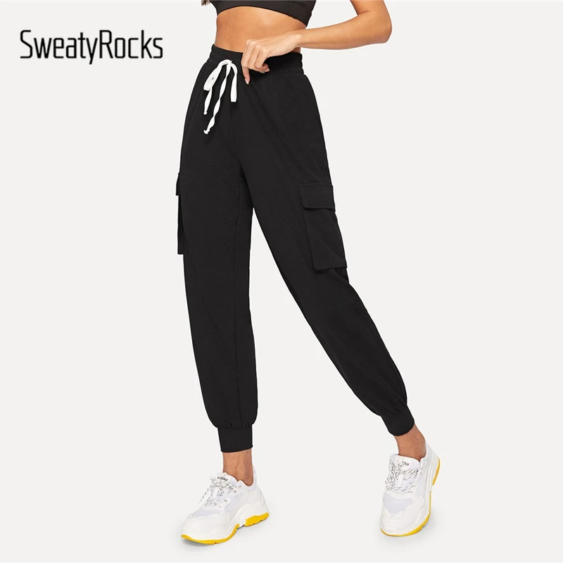 

SweatyRocks Black Drawstring Waist Flap Pocket Side Tapered Pants Active Wear Cargo Pants 2019 Spring Women Casual Solid Pants