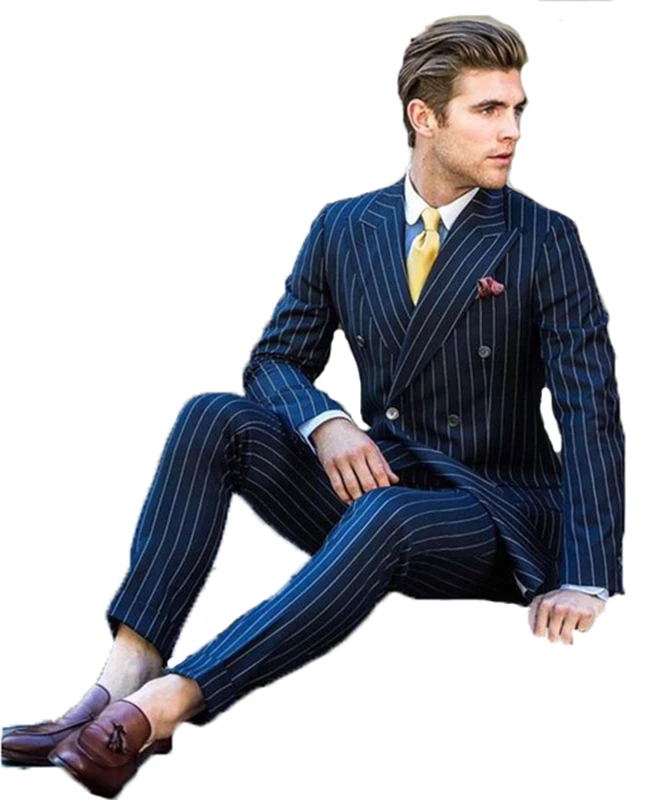 2020 Men Suit 2 Pieces Double Breasted Suits Jacket Navy Striped Tuxedo Wedding for Slim Fit tuxedos (Jacket+Pants) | Мужская одежда