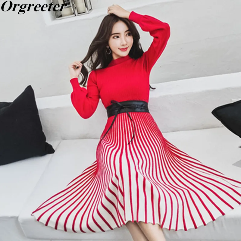 Christmas Women Knit Dress 2018 Winter Robe Striped Red White Elegant Turtleneck Lantern Sleeve Self Belt Jumper Sweater Dress
Christmas Women Knit Dress 2018 Winter Robe Striped Red White Elegant Turtleneck Lantern Sleeve Self Belt Jumper Sweater Dress