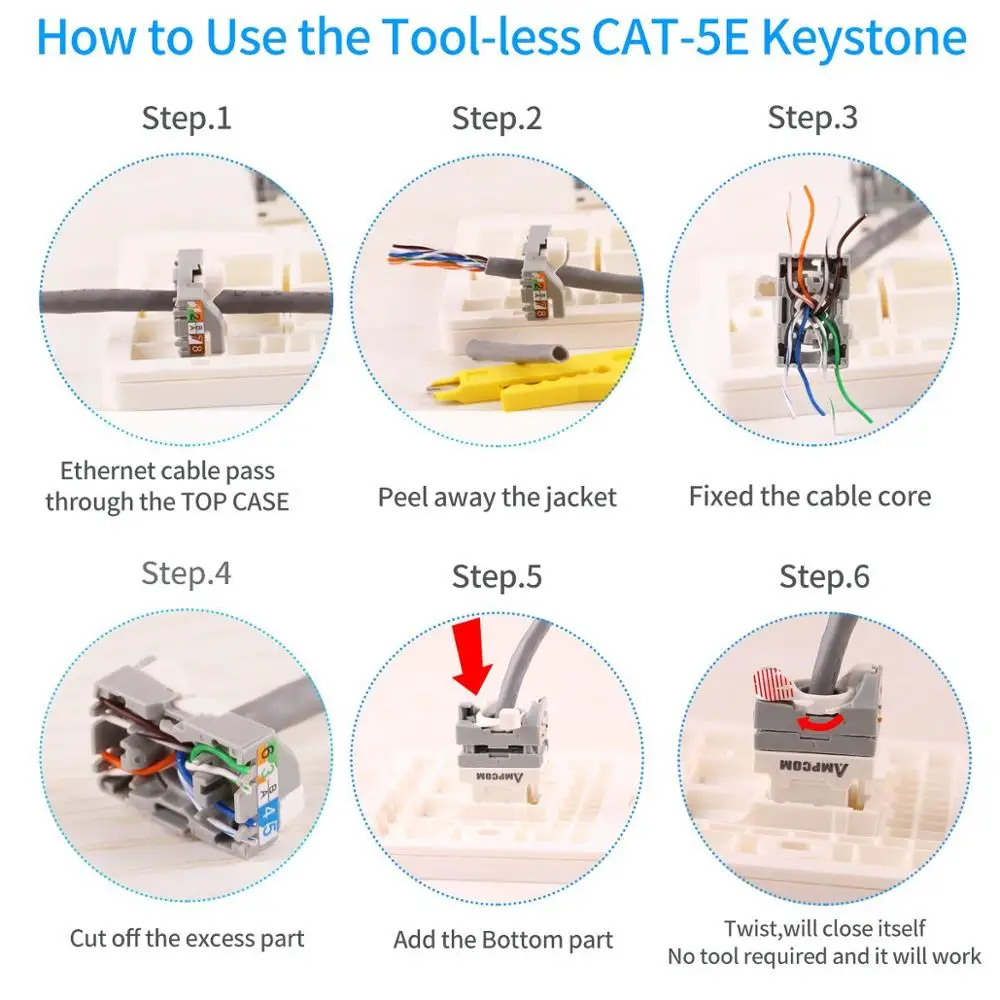 No Punch Down Tool Required UTP Module Connector White AMPCOM 10-Pack CAT5e RJ45 Tool-Less Keystone Jack