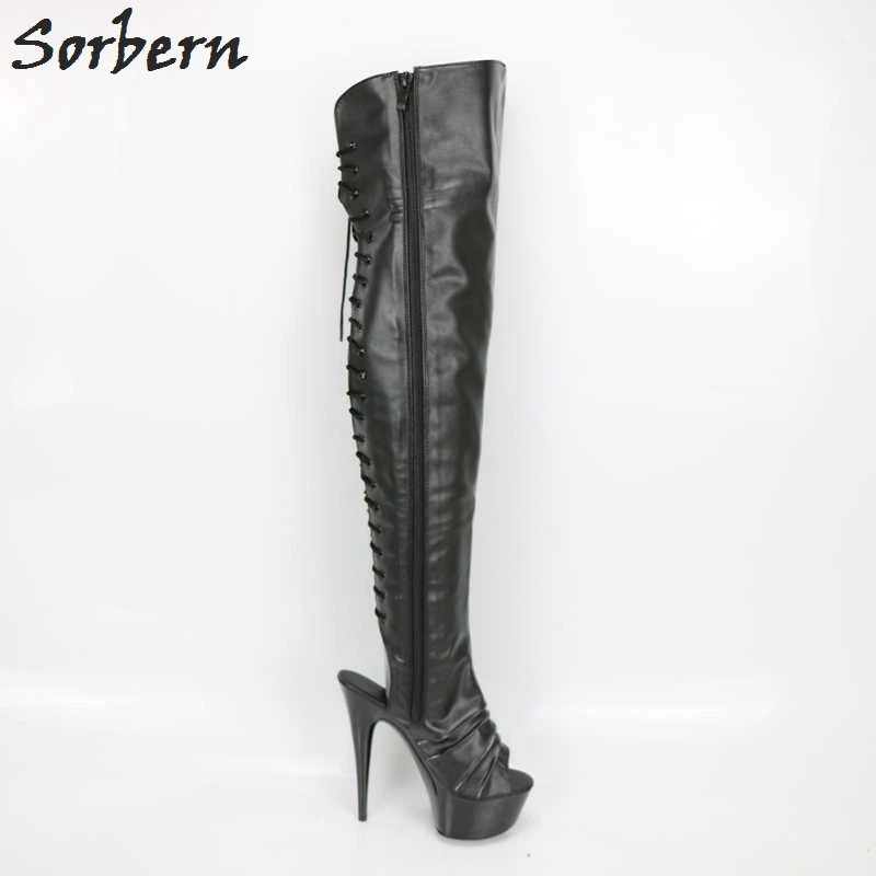 Sorbern Fashion Over The Knee Boots For Women Open Toe Lace Up Back Custom Leg White Boots Opening Of The Boot Women Wide Fit