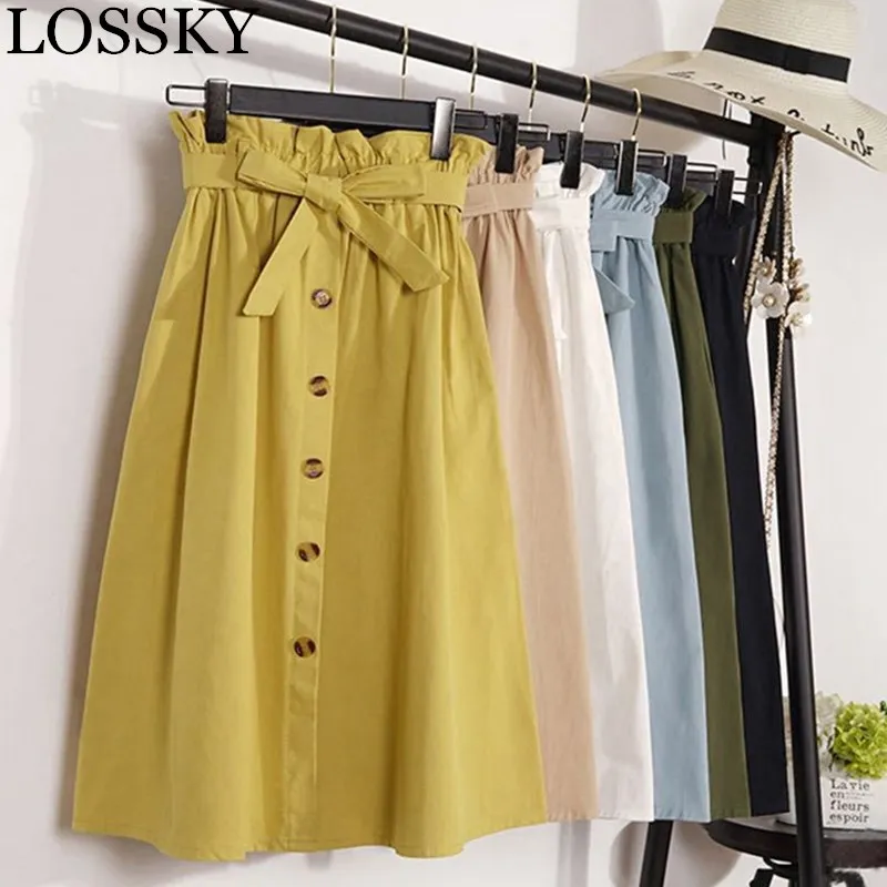 2019 Summer Spring Solid Skirt Women Elegant Knee Length High Waist Button A Line Skirts Female Korean Pleated Midi School Shirt
2019 Summer Spring Solid Skirt Women Elegant Knee Length High Waist Button A Line Skirts Female Korean Pleated Midi School Shirt