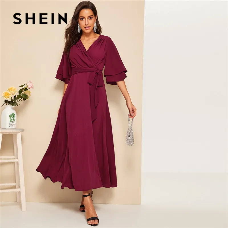 

SHEIN Burgundy Ruffle Layered Bell Sleeve Surplice Wrap Belted Maxi Dress Spring Women Modest V neck High Waist Long Dress