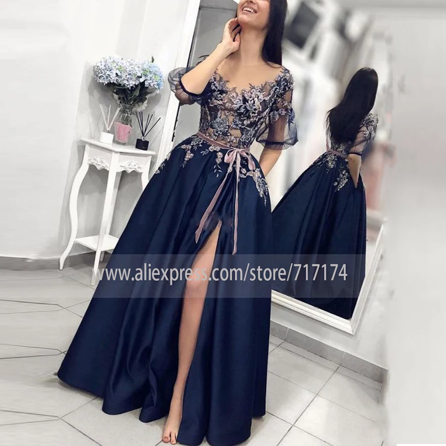Modest A-Line Scoop Tulle Neck Half Sleeve Navy Blue Satin Long Split Prom Dresses with Appliques Formal Party Evening Dresses
Modest A-Line Scoop Tulle Neck Half Sleeve Navy Blue Satin Long Split Prom Dresses with Appliques Formal Party Evening Dresses